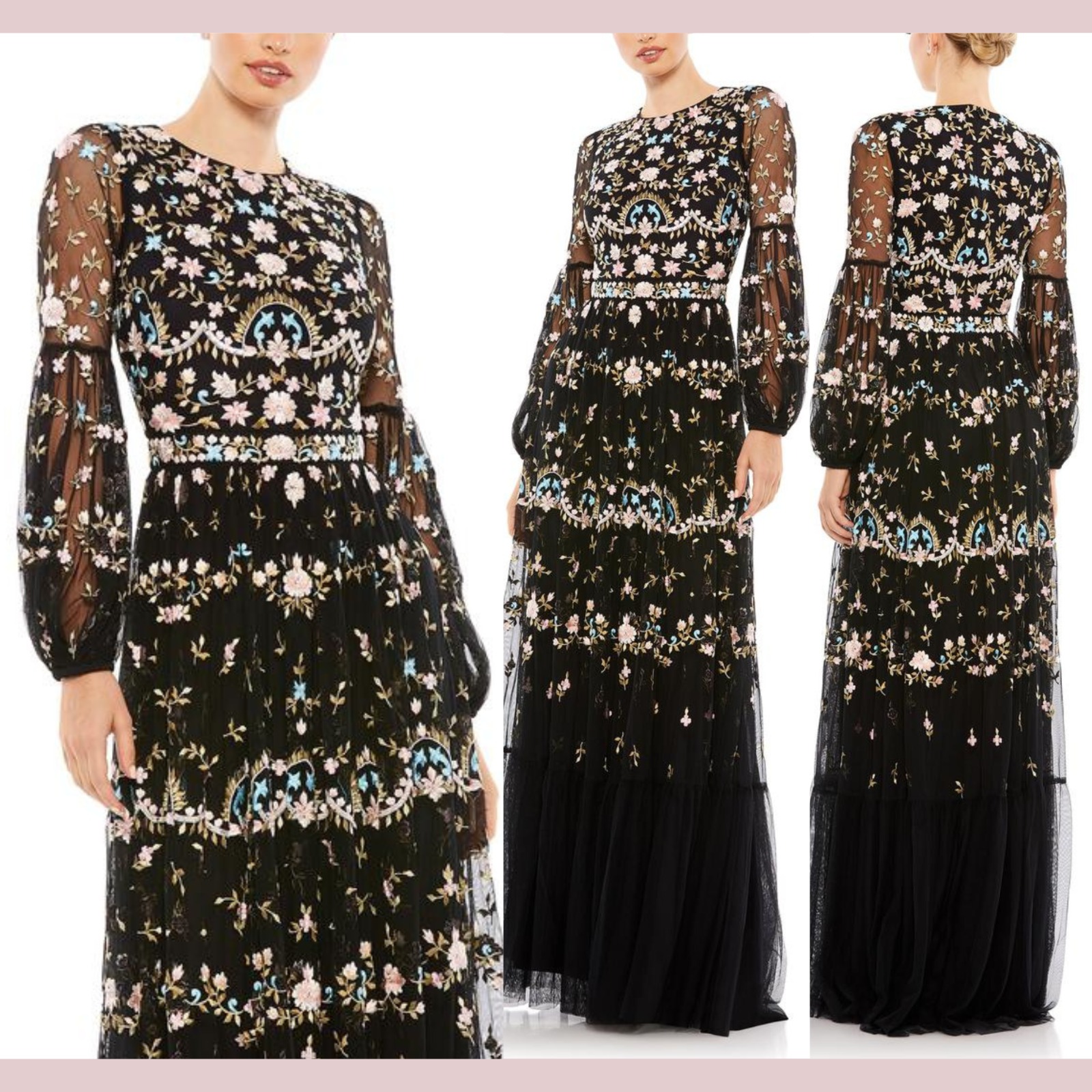 Nwt Mac Duggal [ 26 ] 35111 Floral Embroidered Blouson Sleeve Gown Black #S1969